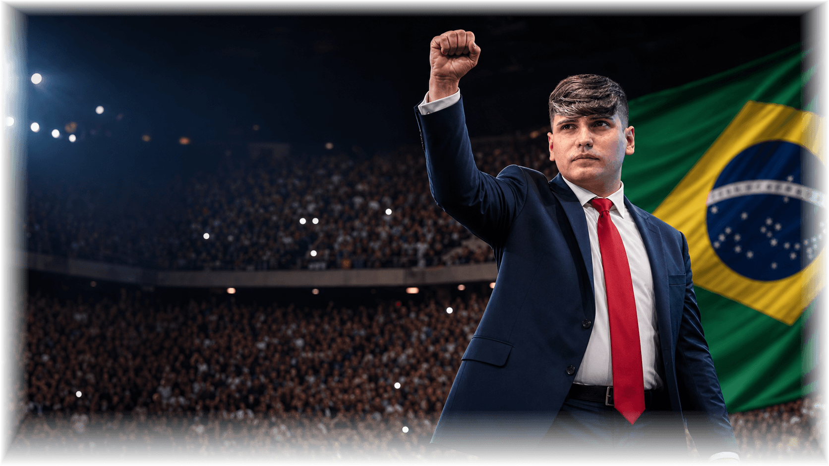 Samuel Dantas em ato publico com a bandeira brasileira ao fundo