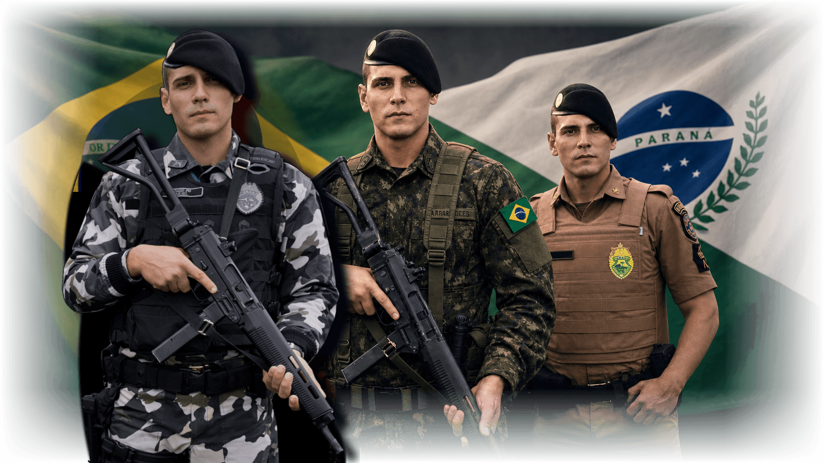Samuel Dantas em três uniformes com as bandeiras do Brasil e do Paraná ao fundo