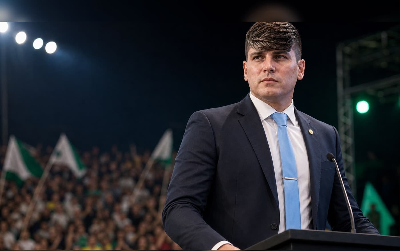 Samuel Dantas em ato de campanha com bandeiras do Brasil e do Paraná